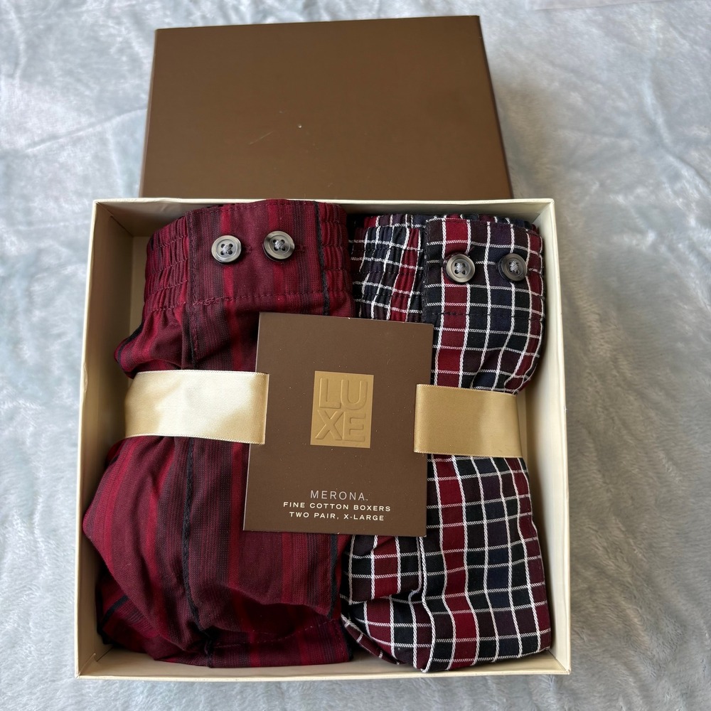 Merona Luxe Mens 2-Pack Fine Cotton Boxers Burgundy Plaid Striped XL Gift Box